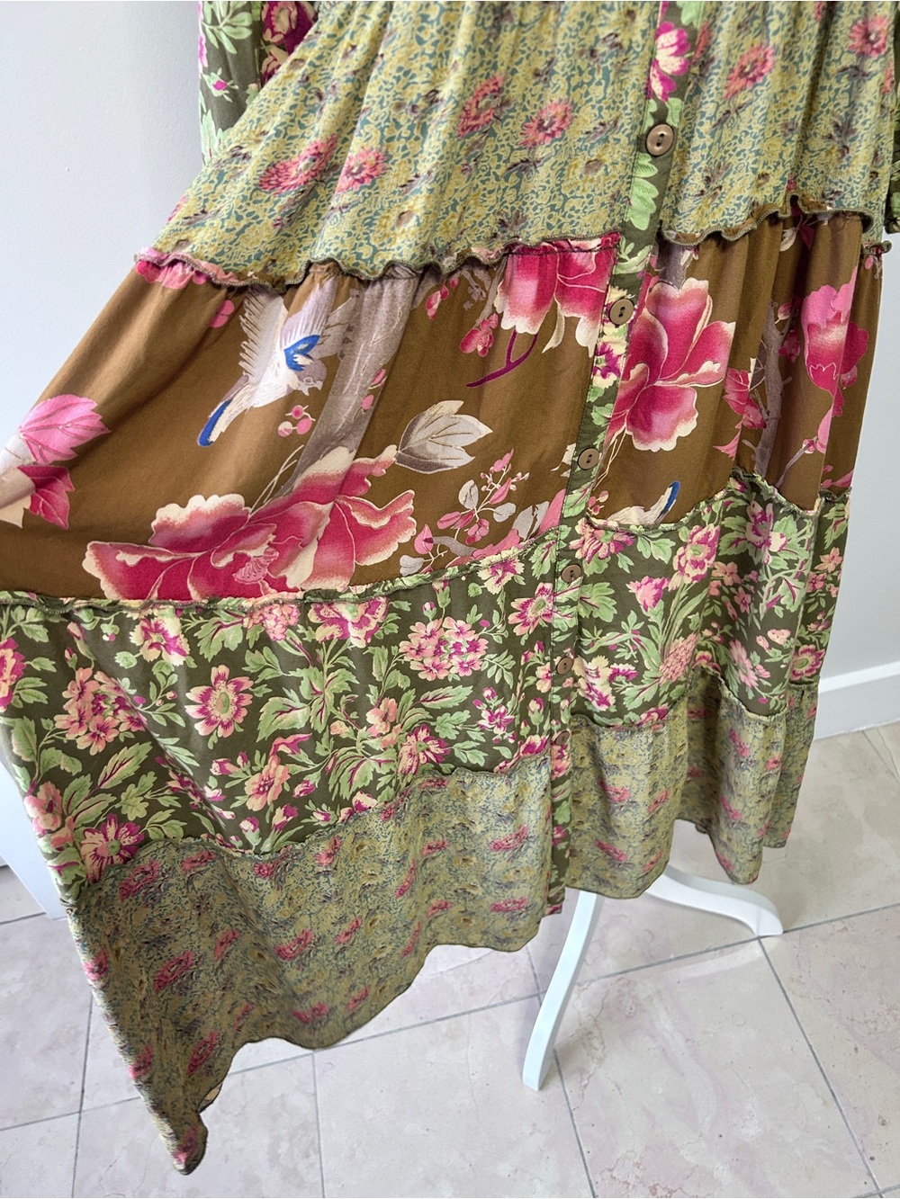 April Cornell Women’s XL Olive Pink Floral Tiered Patchwork Pintuck Maxi Dress - Picture 3 of 14